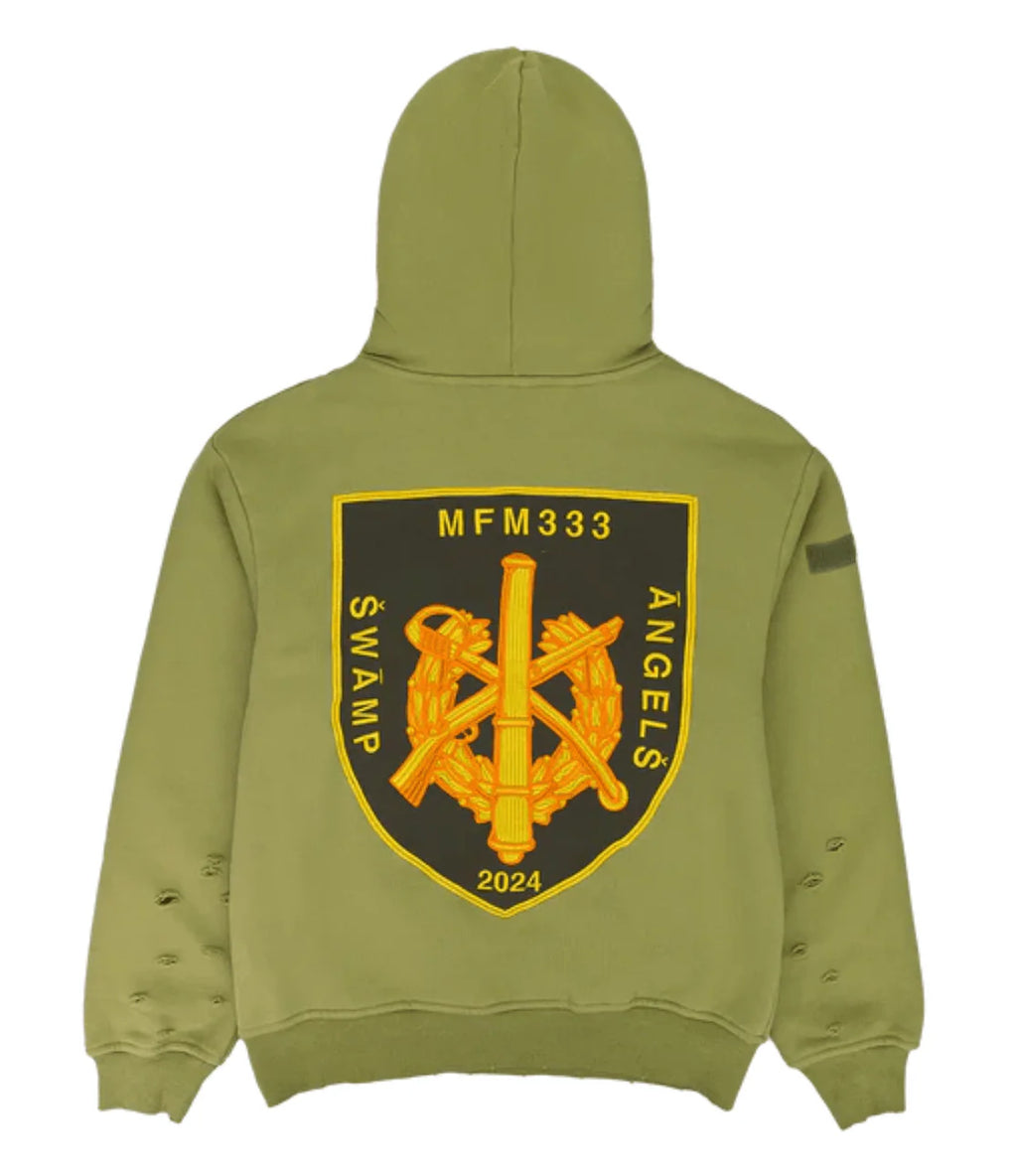MURD333R.FM General Issue: Special Ops Pullover Hoodie in sage green with a yellow logo.