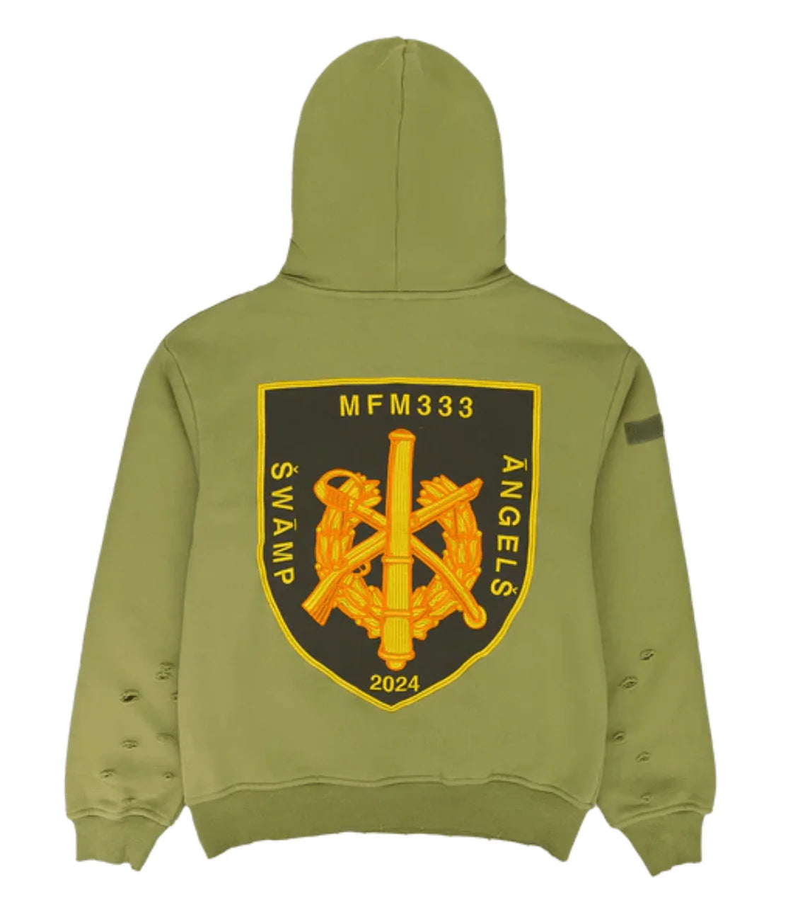 MURD333R.FM General Issue: Special Ops Pullover Hoodie in sage green with a yellow logo.