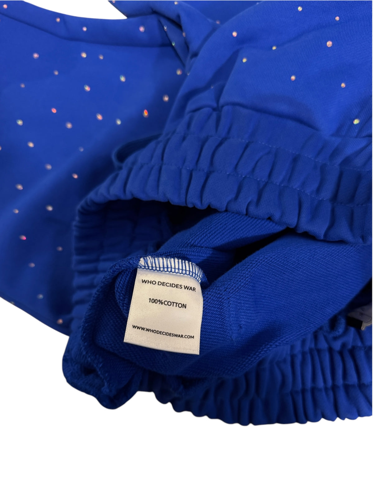 Who Decides War Rhinestone Blue Sweatpants