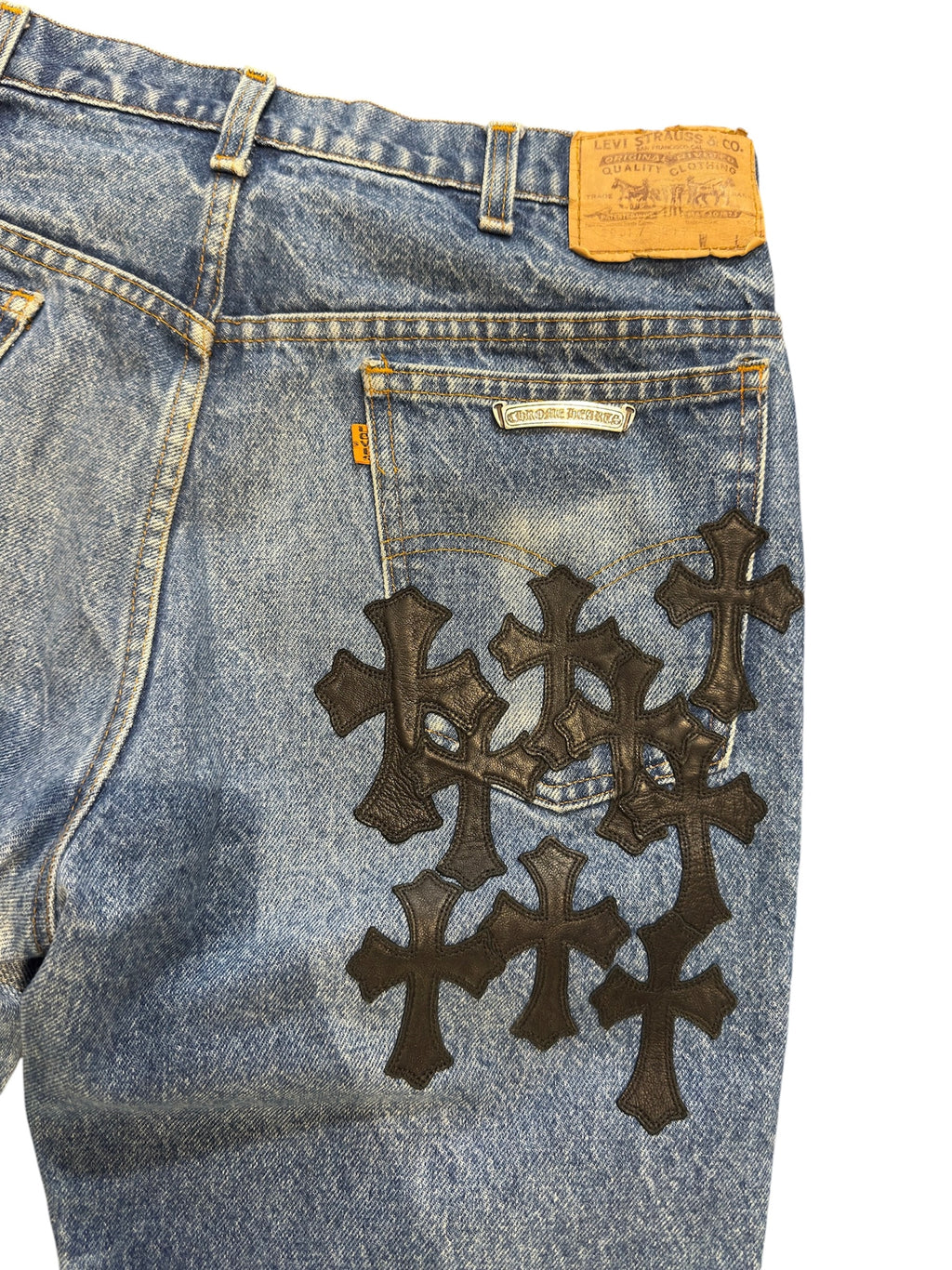 Chrome Hearts Multi Black Leather Patch Blue Denim Jeans