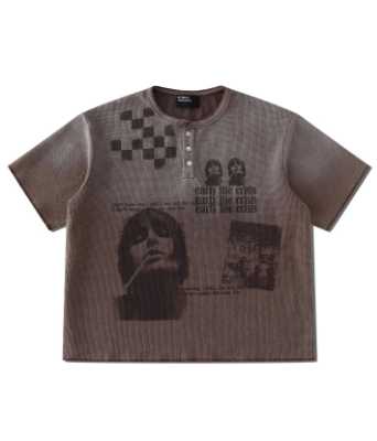Richill Melancholy Fade Portrait Graphic Waffle Henley Brown Tee
