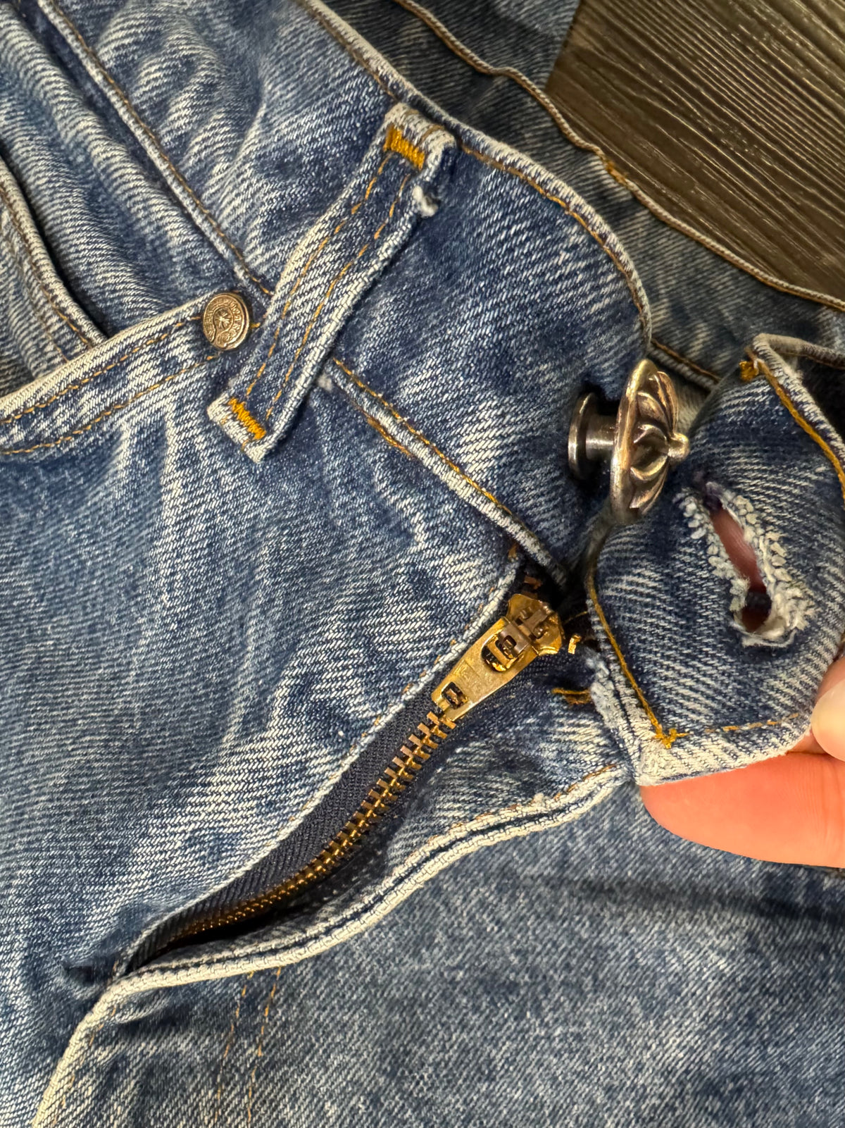 Chrome Hearts Multi Black Leather Patch Blue Denim Jeans