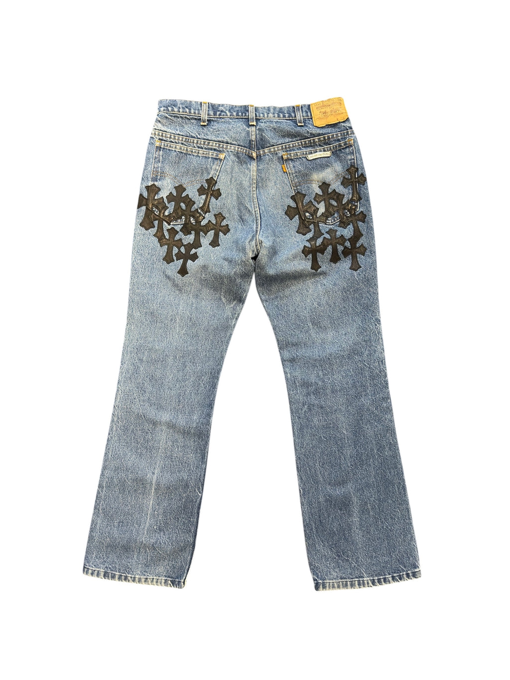 Chrome Hearts Multi Black Leather Patch Blue Denim Jeans
