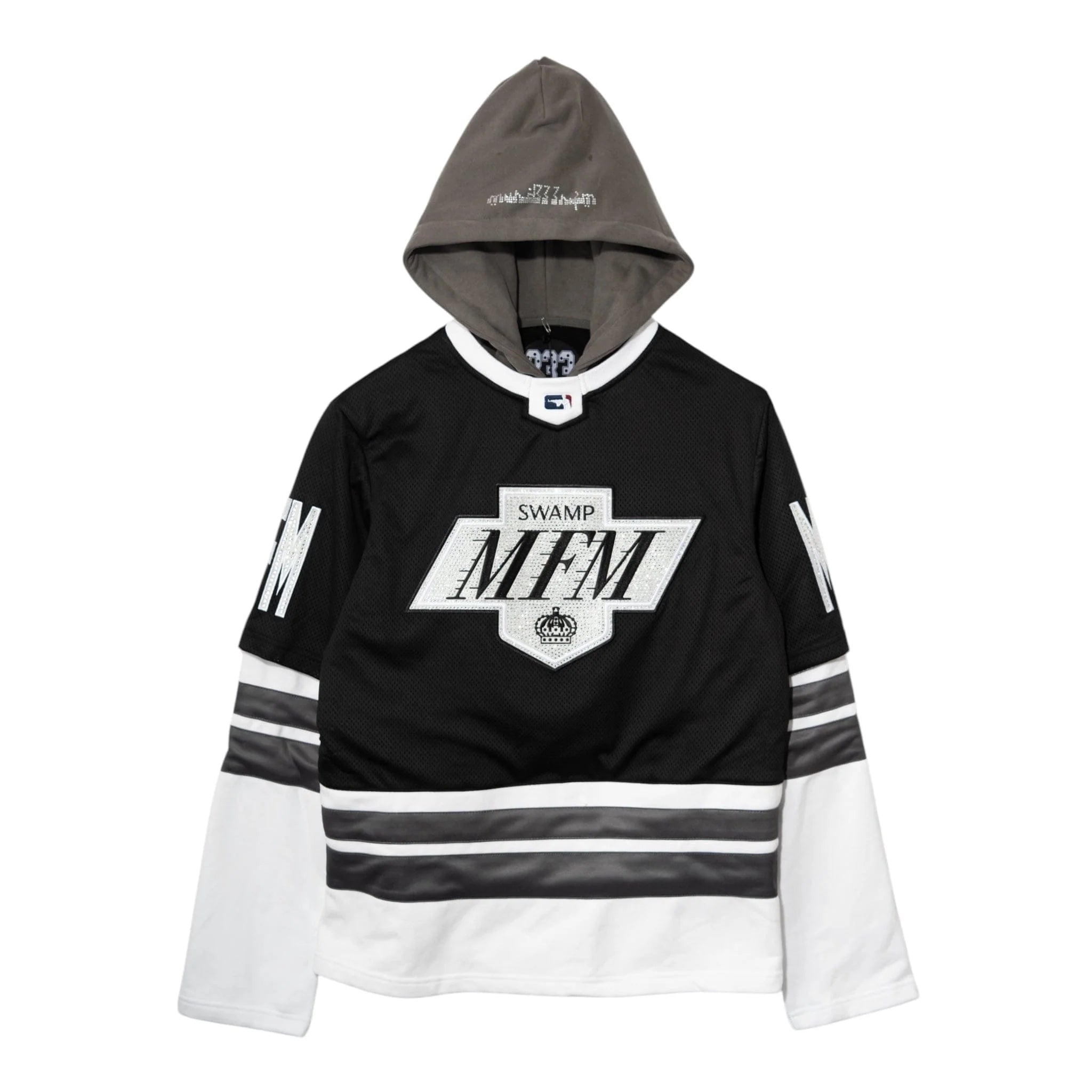 Murd333r.fm Goldkard Exclusive Jersey Hoodie featuring "SWAMP MFM" branding with crystal embellishments.