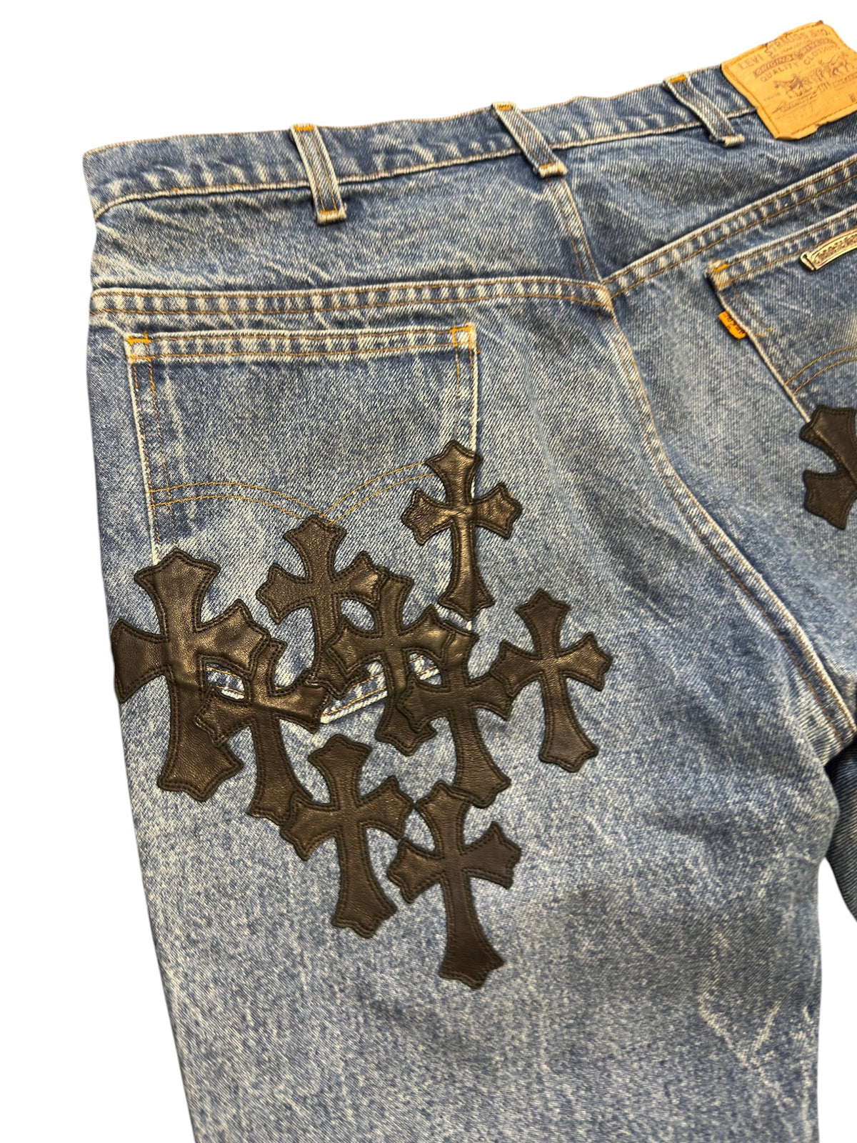 Chrome Hearts Multi Black Leather Patch Blue Denim Jeans