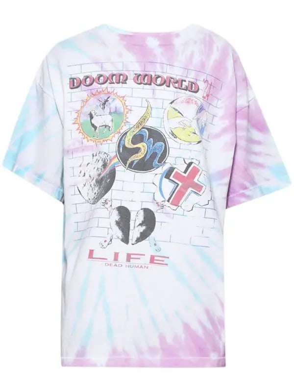 Saint Michael x Lastman "Door WRLD" tie-dye cotton-jersey T-shirt in pink/blue