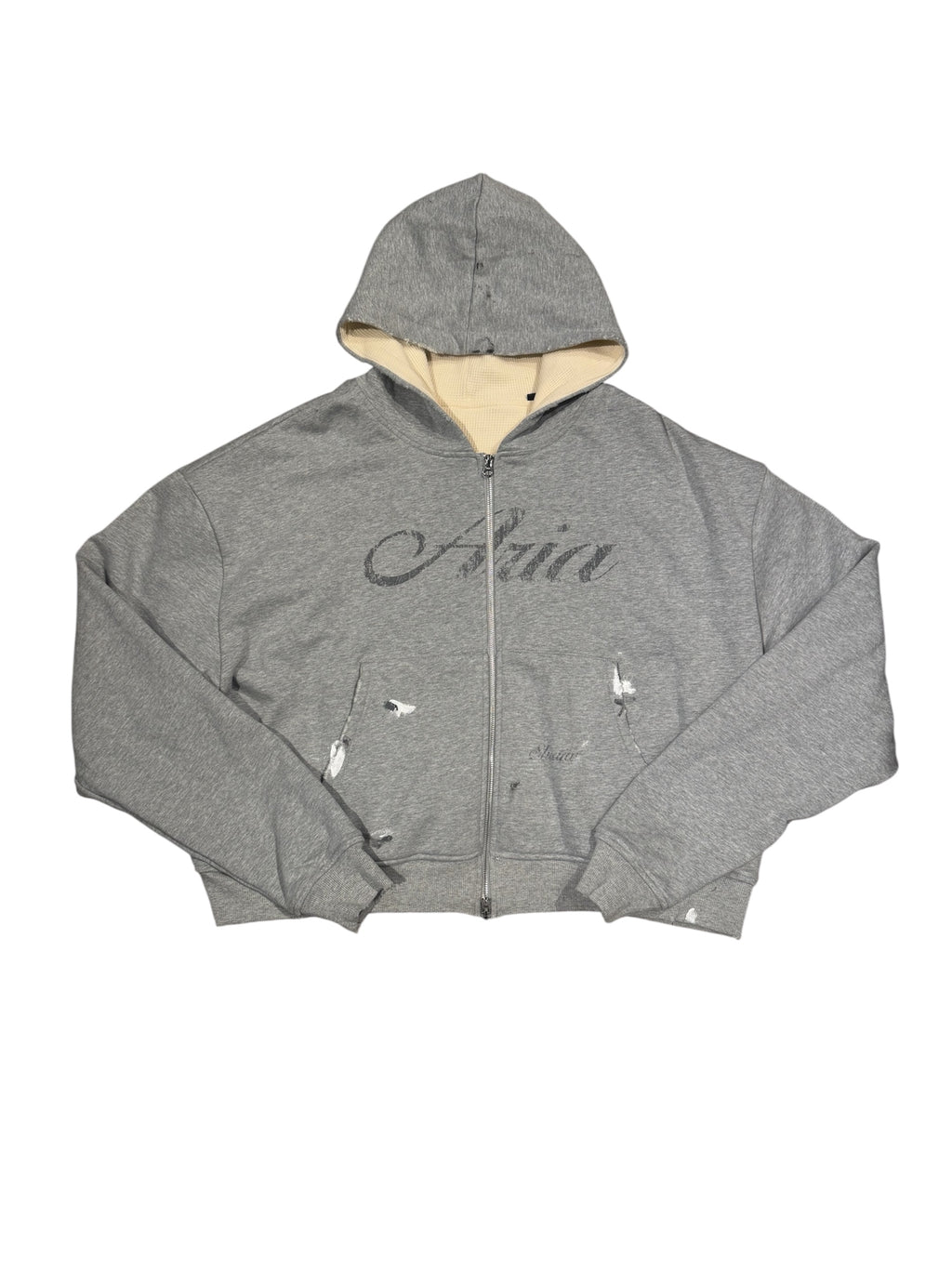 Aria Studios Font Logo Thermal Lined Grey Zip Up Sweater