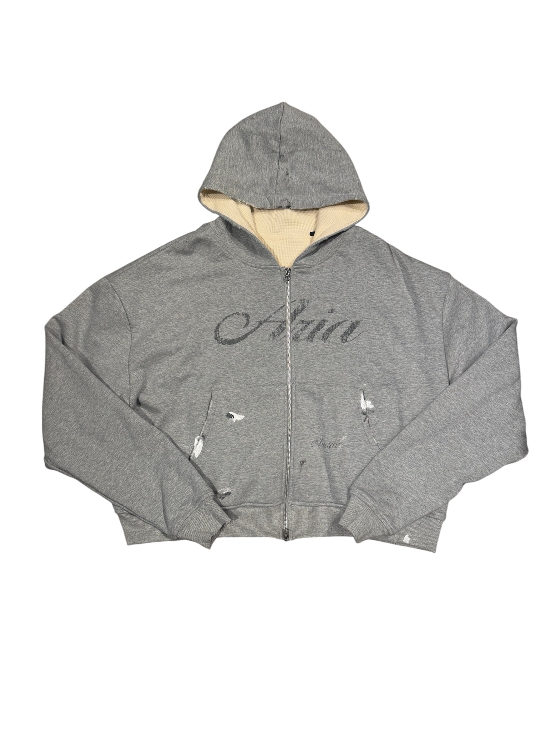 Aria Studios Font Logo Thermal Lined Grey Zip Up Sweater