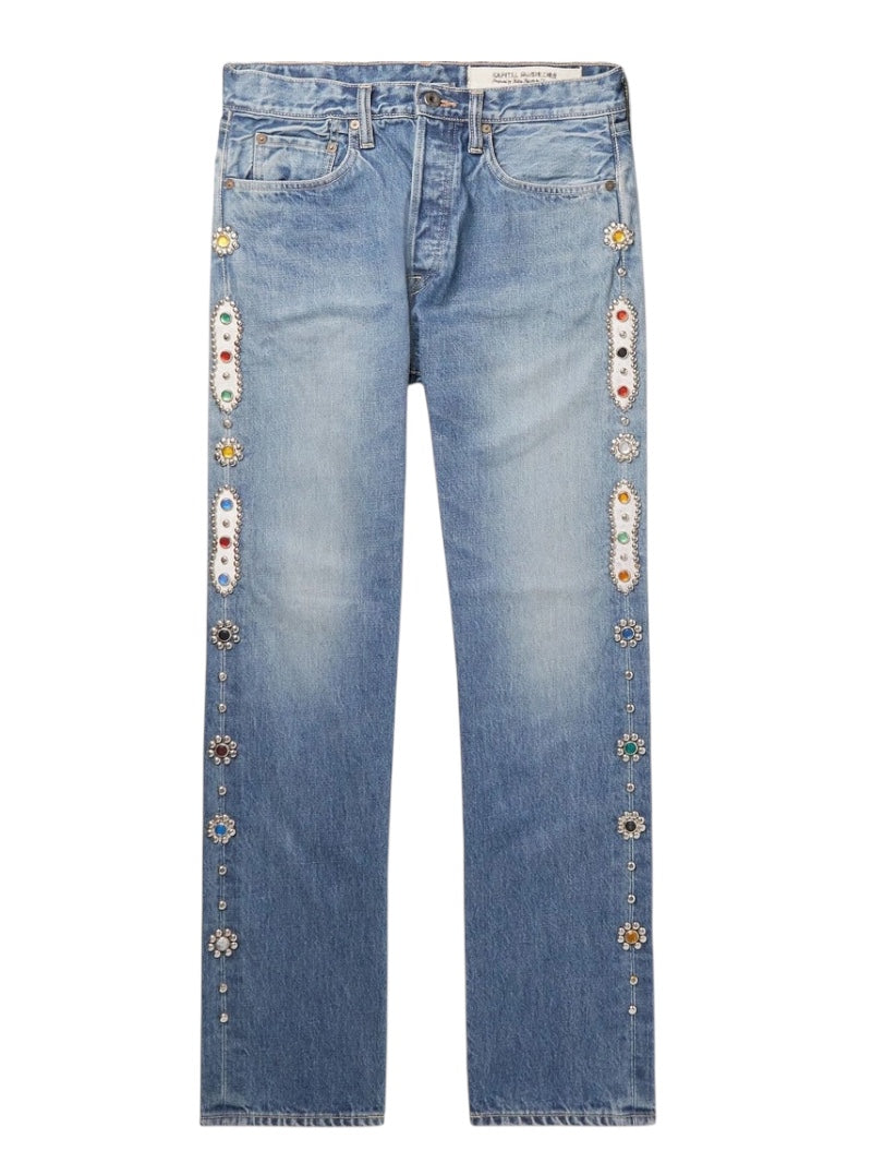 KAPITAL Straight Leg Embellished Rhinestone Blue Jeans