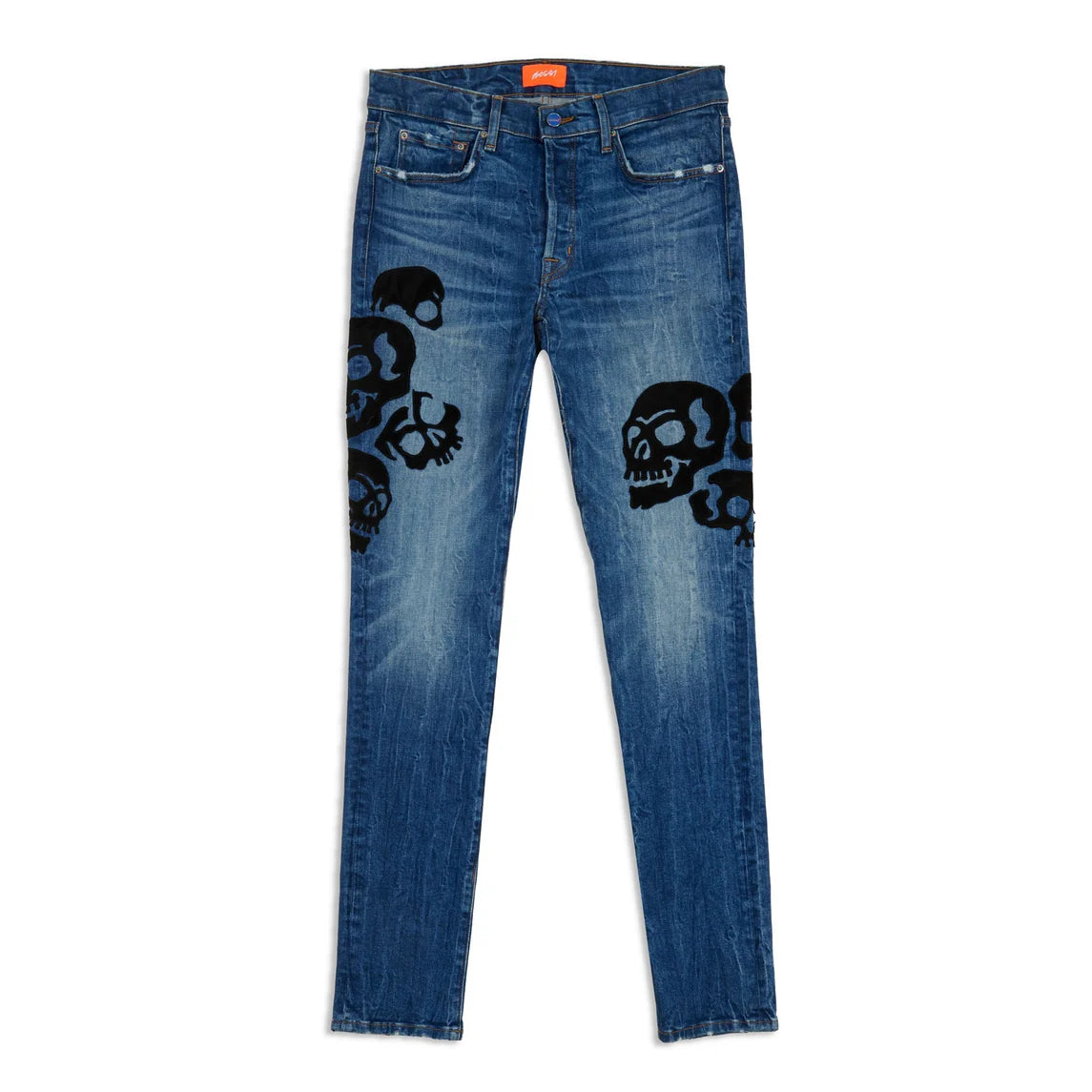 Bossi Skull Jeans in a light wash denim with black skull appliqués