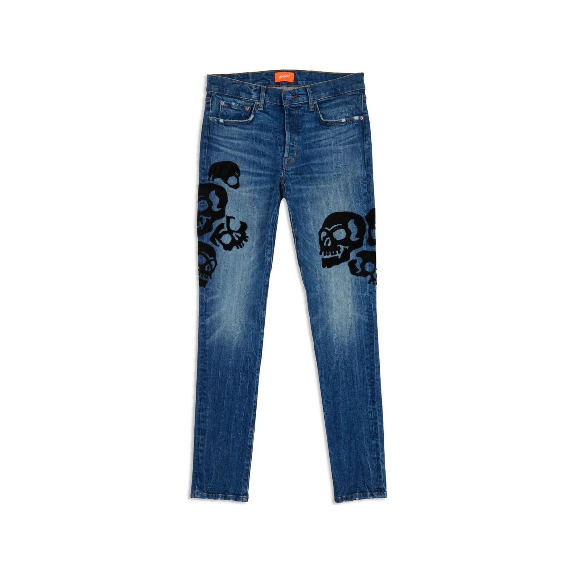 Bossi Skull Jeans in a light wash denim with black skull appliqués