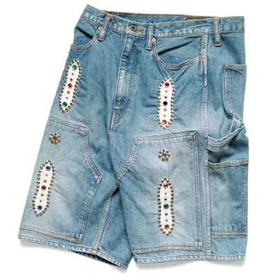 Kapital Blue Denim Rhinestone Stud Shorts